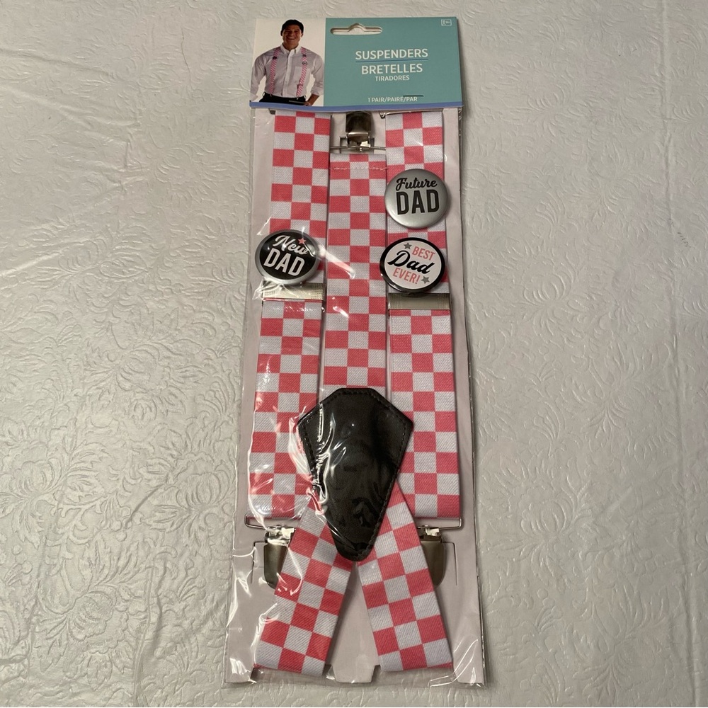 “Future Girl Dad” Checkered Suspenders with Dad Pins- One Size- New in Package